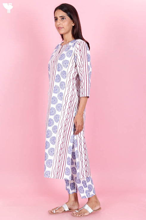 Cotton Kurta And Pant Set With Kota Dupatta In Block Print